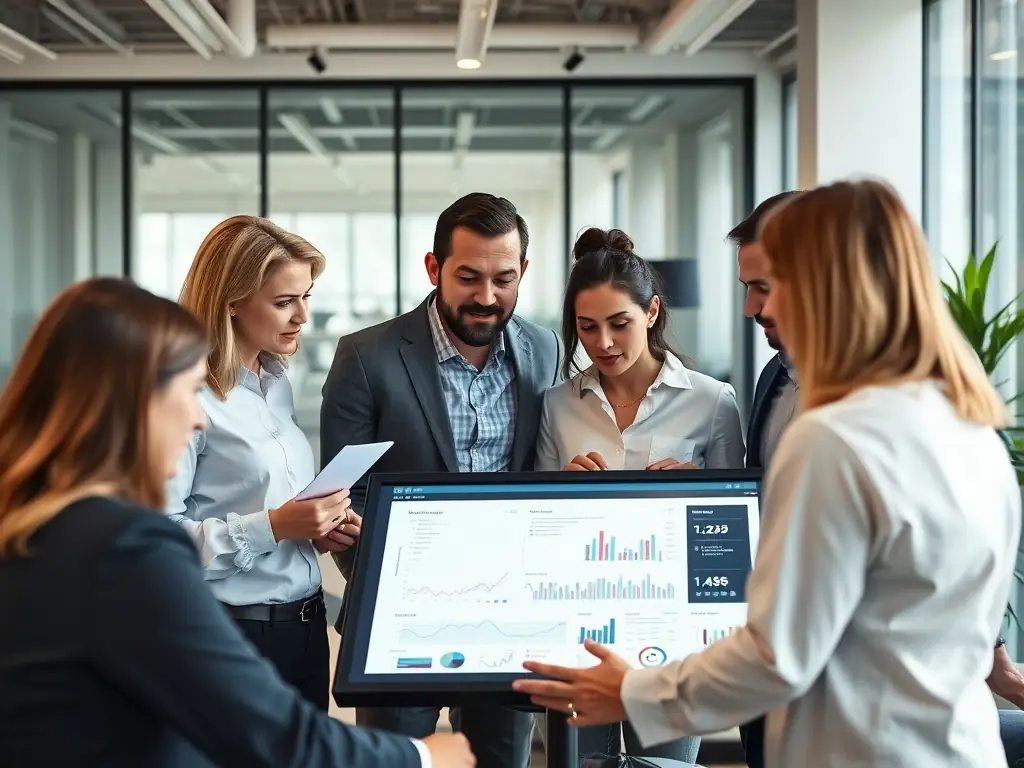 A team of consultants collaborating on a market analysis report, highlighting key trends and opportunities in a specific industry sector.