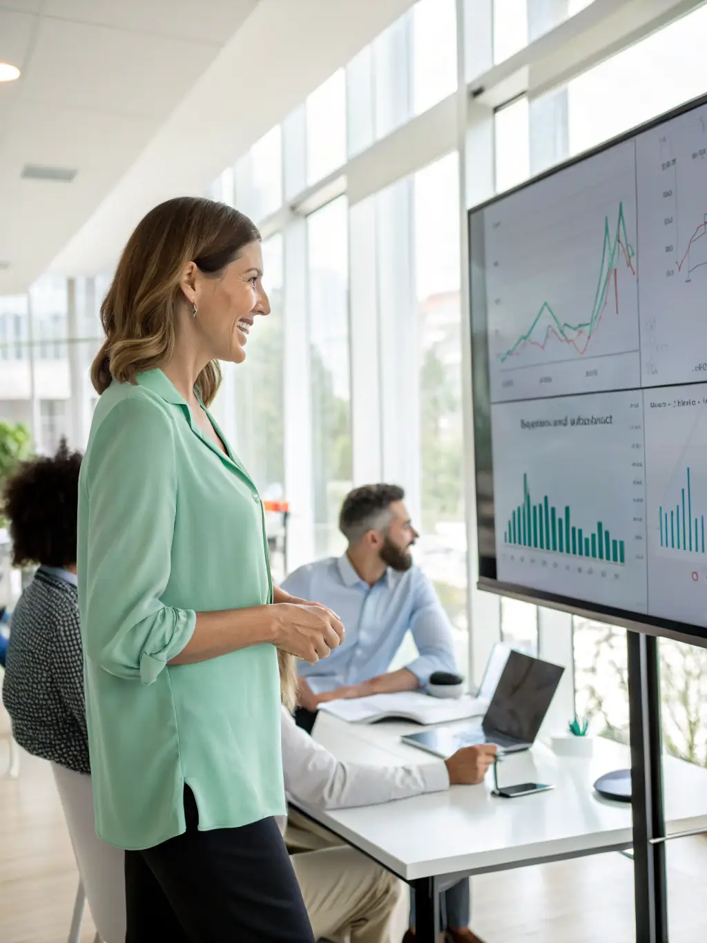 A consultant presenting a detailed financial report to a client in a modern office setting, emphasizing data-driven insights.