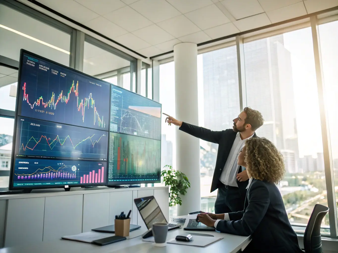A consultant is presenting a detailed investment strategy to a client in a modern office, emphasizing data-driven insights and strategic planning.